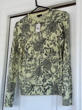 Ann Taylor Cream Cardigan with Black Floral Jacquard